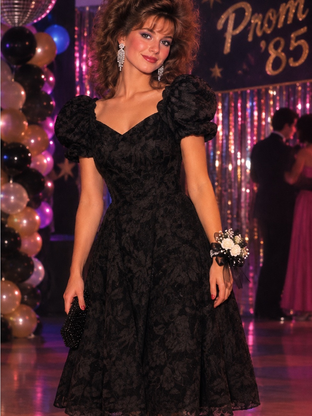 80’s Jump Black Puff-Sleeve Floral Velvet LayerJacquard Prom Dress Size 11/12